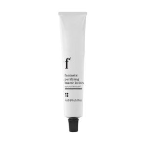 witte tube met zwarte tekst 'f1 fantastic purifying matte lotion'