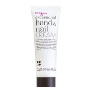 witte tube met zwarte tekst 'exceptional hand & nail cream' in het roze 'think pink'