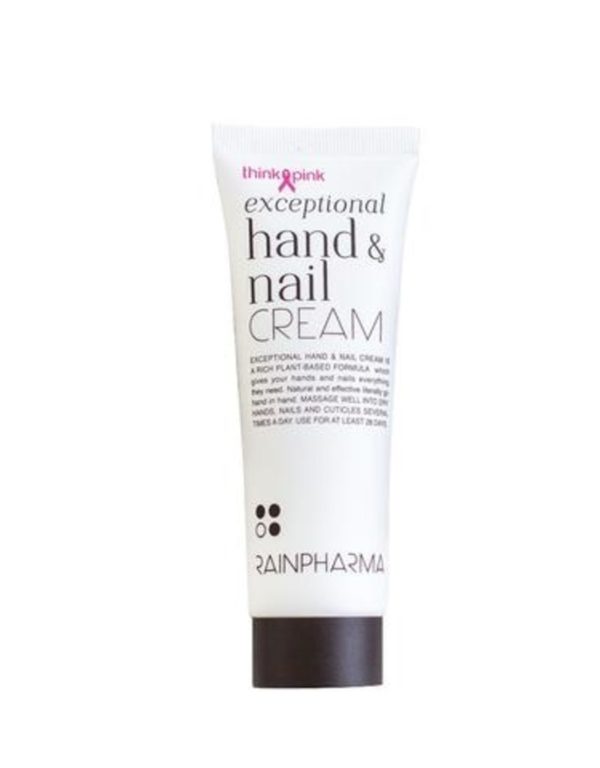 witte tube met zwarte tekst 'exceptional hand & nail cream' in het roze 'think pink'