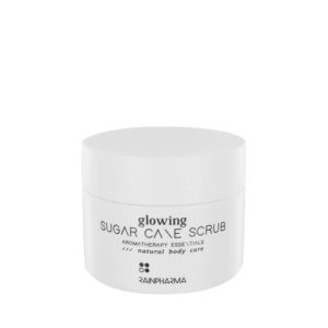 witte pot met zwarte tekst glowing sugar cane scrub rainpharma